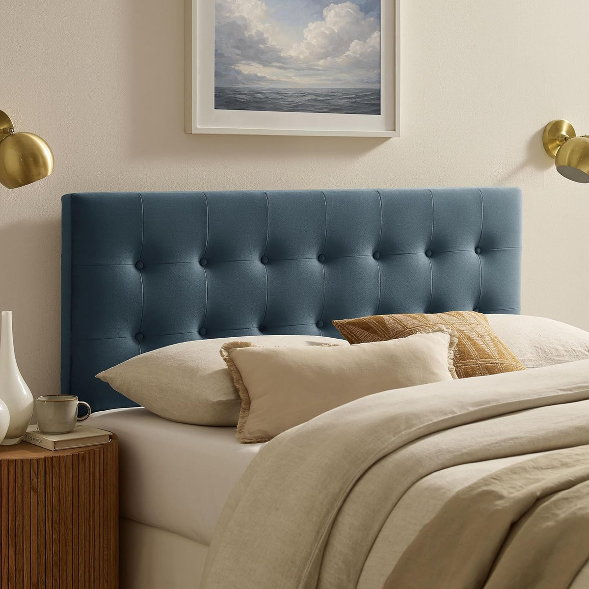 Modway Emily King Size Performance Velvet Headboard in Cadet Blue - Stain-Resistant Velvet Upholstery with Button Tufting and 7 Adjustable Height Positions