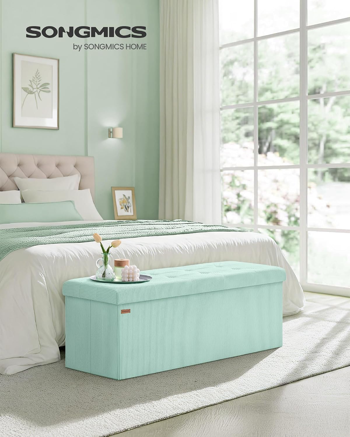 SONGMICS Ottoman Storage Bench, 43 Inch Foldable Foot Rest | Corduroy, for Entryway, Living Room, Bedroom, Moonlight Green, MINOTA Collection ULSF604C01