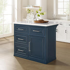 Crosley Furniture Cutler Faux Marble Top Kitchen Island with Storage, Breakfast Bar, Microwave Stand, Navy