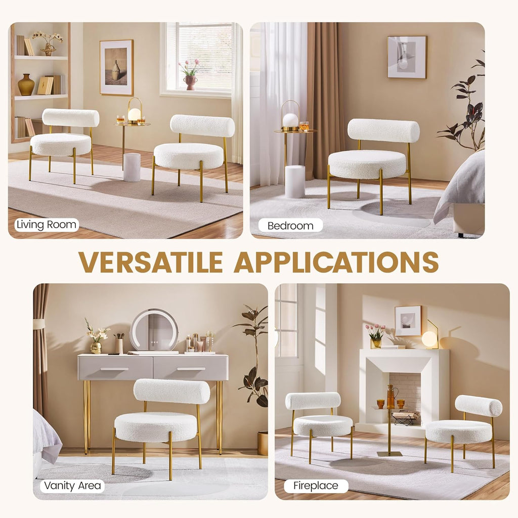Yaheetech Accent Chair, Modern Tufted Vanity Chair, White | Boucle Fabric Vanity Stool with Gold Metal Legs, Cozy Sherpa Club Chair for Living Room Bedroom Home Office Makeup Room