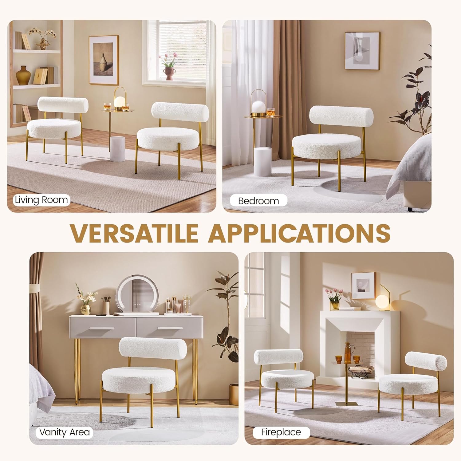Yaheetech Accent Chair, Modern Tufted Vanity Chair, White | Boucle Fabric Vanity Stool with Gold Metal Legs, Cozy Sherpa Club Chair for Living Room Bedroom Home Office Makeup Room