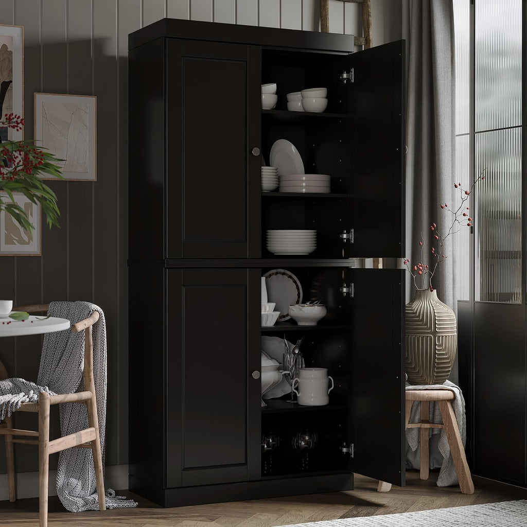 Palace Imports Solid Wood Kitchen Pantry Cabinet - 71.5" Tall x 32" Wide - Wooden Storage Cabinet with 4 Doors & Adjustable Shelves, Black, 100% Renewable Eco-Friendly Wood, Made in Brazil