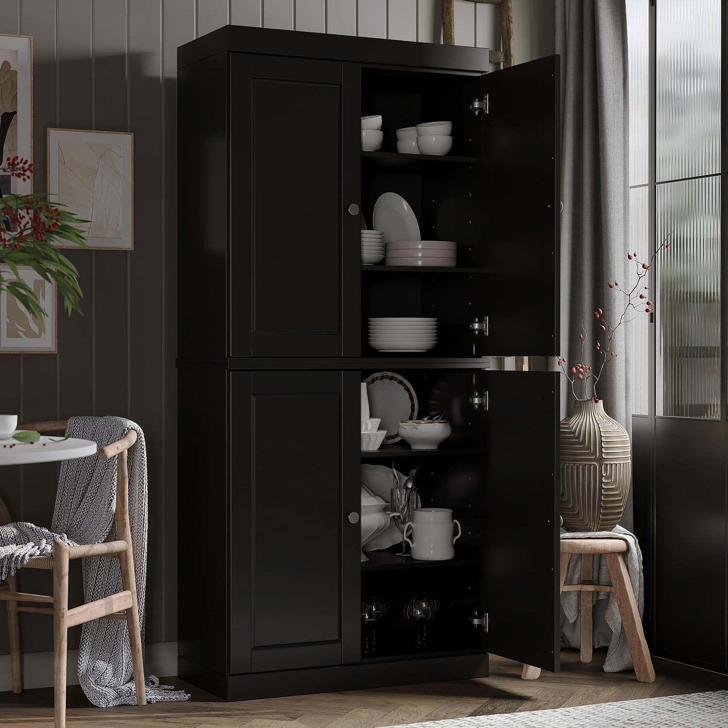 Palace Imports Solid Wood Kitchen Pantry Cabinet - 71.5" Tall x 32" Wide - Wooden Storage Cabinet with 4 Doors & Adjustable Shelves, Black, 100% Renewable Eco-Friendly Wood, Made in Brazil