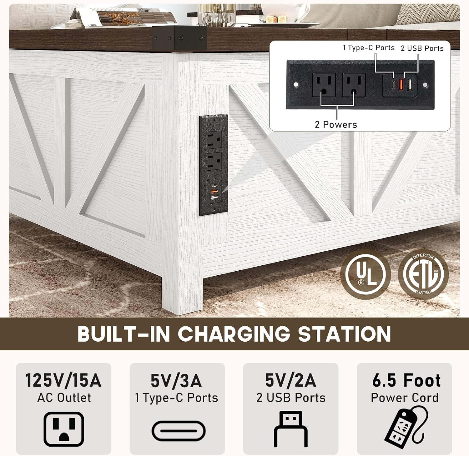 jimeimen Farmhouse Lift Top Coffee Table with Storage, Wood Square Center Table with Charging Station&USB Port, Living Room Table w/Large Hidden Space, for Living Room, Bedroom, Home Office, White