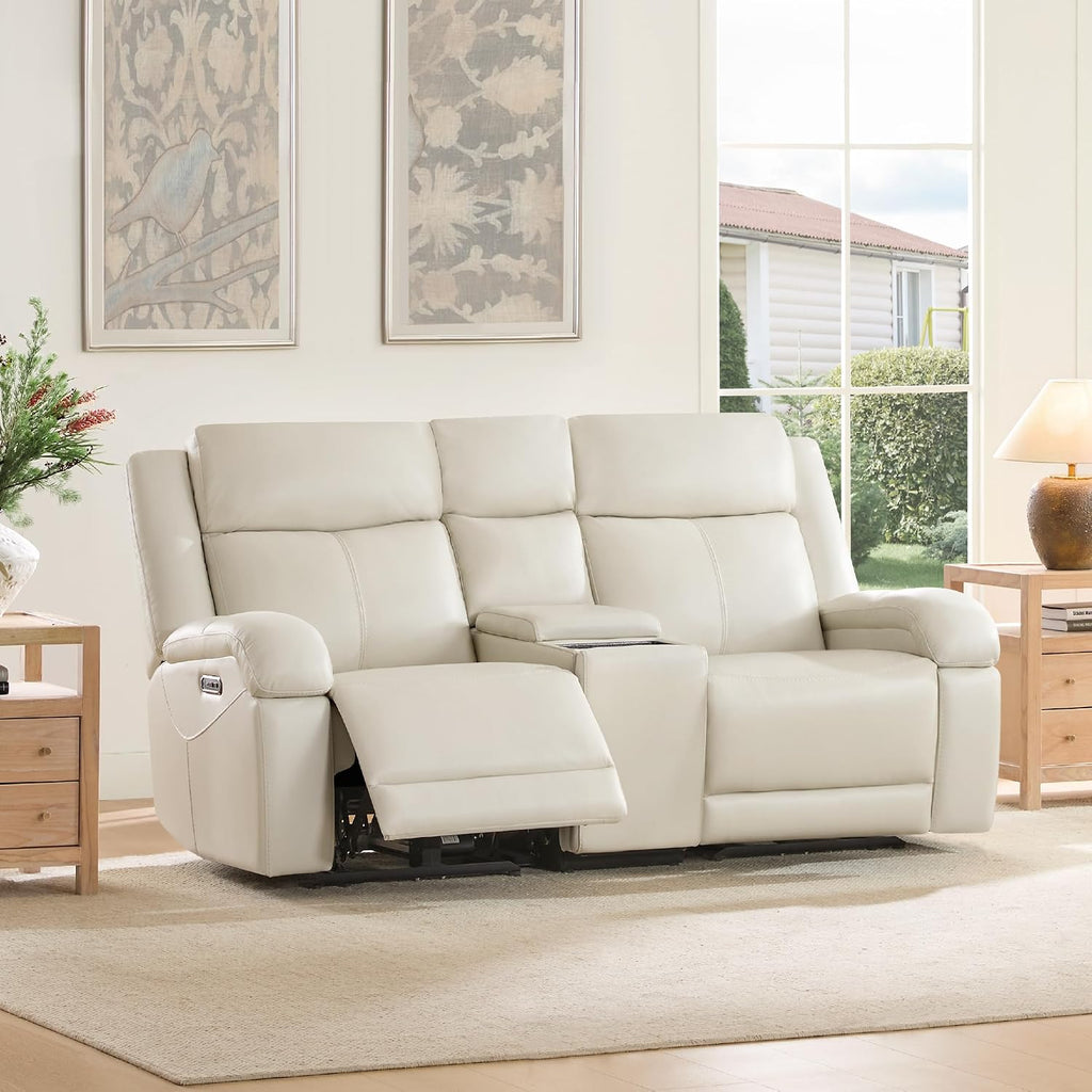 Watson & Whitely Genuine Leather Power Recliner Sofa & Loveseat Set, Cream | Wall Hugger Reclining Sofas, Power Headrest, Center Storage Console, Charging Ports, Cup Holders, Living Room Furniture Set