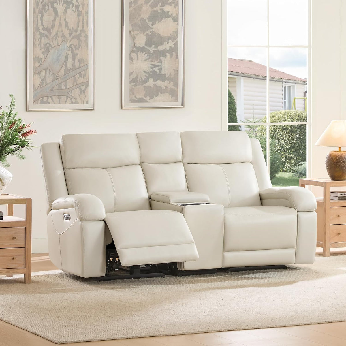 Watson & Whitely Genuine Leather Power Recliner Sofa & Loveseat Set, Cream | Wall Hugger Reclining Sofas, Power Headrest, Center Storage Console, Charging Ports, Cup Holders, Living Room Furniture Set