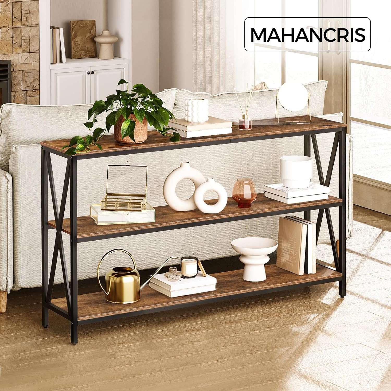 MAHANCRIS 55" Sofa Table, Industrial Console Table, 3-Tier Narrow Sofa Table with Storage Shelves, Foyer Table for Entryway, Hallway, Kitchen, Living Room and Bedroom, Rustic Brown CTHR80401