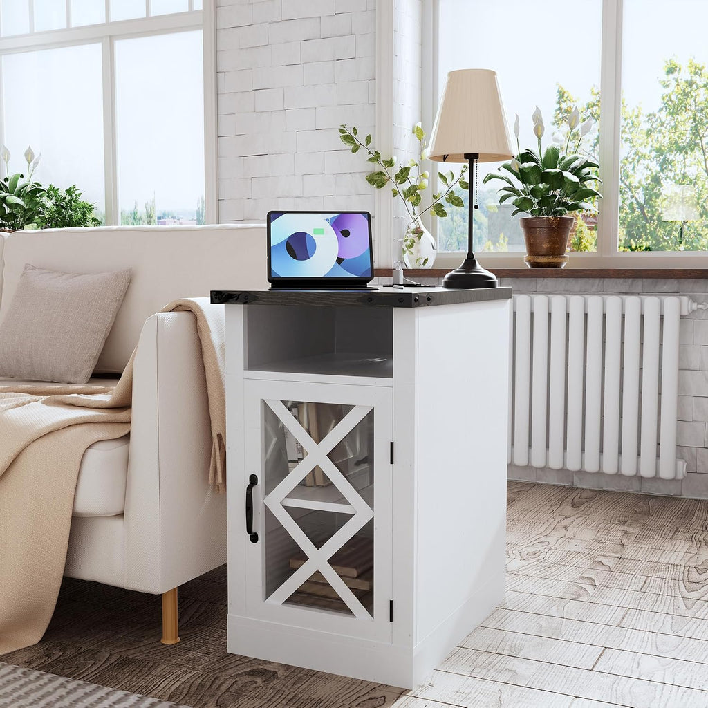 Clihome End Table with Charging Station, 15.4'' Rustic Nightstand with Barn Door & Adjustable Shelf, Wooden Sofa Side Table with 3-Tier Storage for Living Room, Bedroom, White