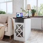 Clihome End Table with Charging Station, 15.4'' Rustic Nightstand with Barn Door & Adjustable Shelf, Wooden Sofa Side Table with 3-Tier Storage for Living Room, Bedroom, White