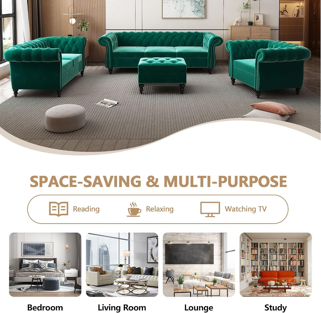 Velvet Sofa Couches Set, 3-Piece Mid Century Modern Upholstered Couch with Cushions, Home Sofa Sectional Furniture Sets, Comfy Tufted Chesterfield Couches for Living Room, Bedroom, Office