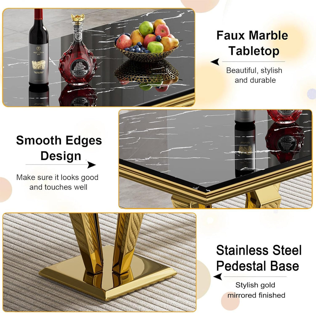 Luxury Marble Dining Table for 4 to 6, 68 inch Black Faux Marble Dining Table with Gold Stainless Steel Diamond Shaped Base, Modern Rectangle Kitchen Dining Room Table for Family Dinner Party