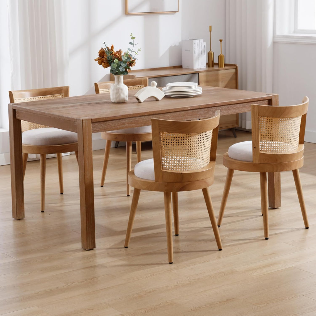 RIVOVA Modern Farmhouse Rattan Dining Chairs Set of 6 Natural Wood Kitchen Chairs Beige Upholstered Linen Dining Chairs Cane Country Dining Room Chairs