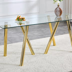 71" Glass Gold Dining Table for 6-8, Modern Dining Room Table with 0.39" Tempered Glass Top and 6 Metal Round Tube Legs, Rectangle Kitchen Dinner Table for Dining Room