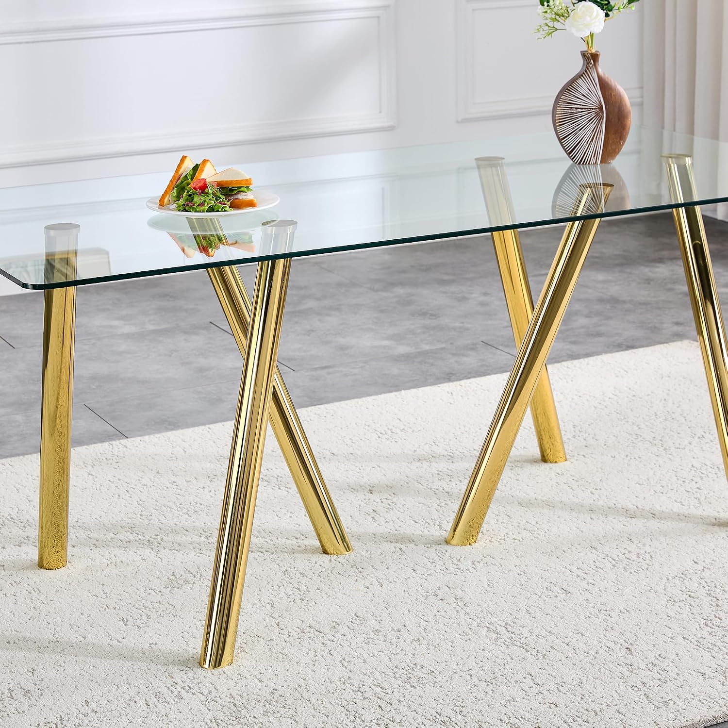 71" Glass Gold Dining Table for 6-8, Modern Dining Room Table with 0.39" Tempered Glass Top and 6 Metal Round Tube Legs, Rectangle Kitchen Dinner Table for Dining Room