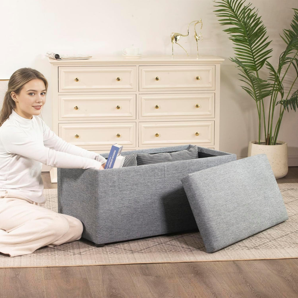 Adeco 35 Inches Storage Ottoman Bench, Non-Folding End of Bed Foot Rest Stools Ottoman with Thicker Foam Padded Seat, Upholstered Storage Chest for Living Room, Entryway, Bedroom