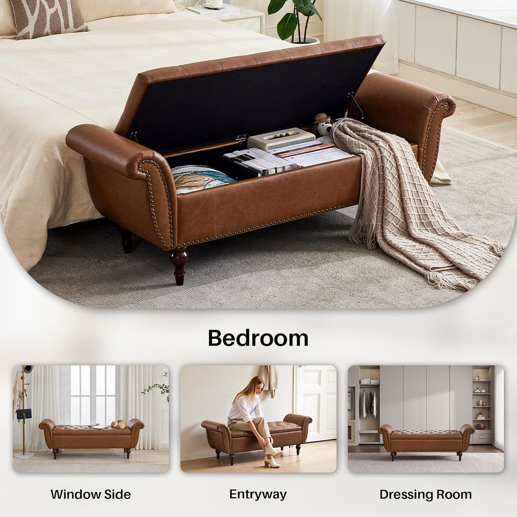 63.78" Inch Storage Bench for Bedroom Faux Leather End of Bed Bench with Storage Upholstered Ottoman Foot Rest with Rolled Arms for Bedroom Living Room Holds Up to 700 Lb Brown