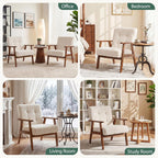 Furniliving Mid Century Modern Accent Chair, Wood Frame Upholstered Arm Chair with Waist Support, Button Tufted High Back Reading Armchair, Waiting Room Chairs for Bedroom Sunroom, Sherpa, White