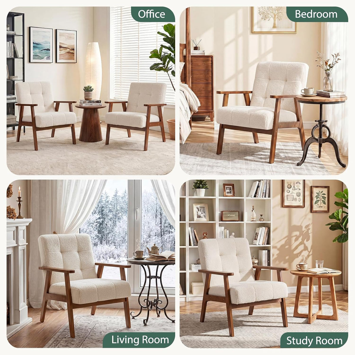 Furniliving Mid Century Modern Accent Chair, Wood Frame Upholstered Arm Chair with Waist Support, Button Tufted High Back Reading Armchair, Waiting Room Chairs for Bedroom Sunroom, Sherpa, White