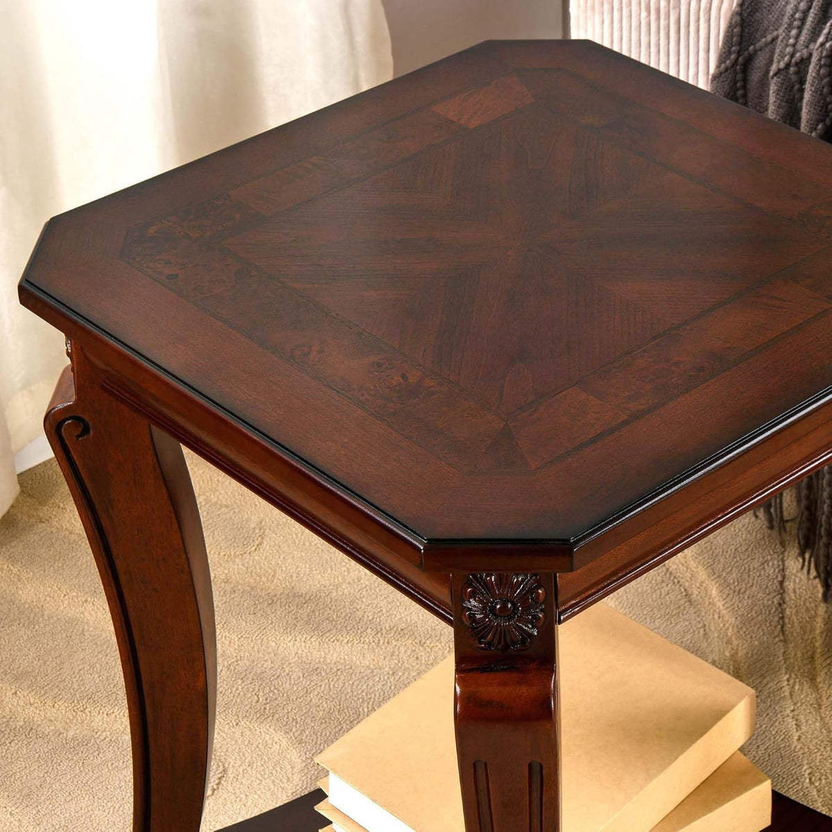 PADMA HOUSE Traditional Wood End Table with Storage Shelf, Square Solid Wood Sofa Side Table with Curved Legs, 2-Tier Wooden Bedside Tables in Cherry for Living Room,19.7 * 19.7 * 23.8in