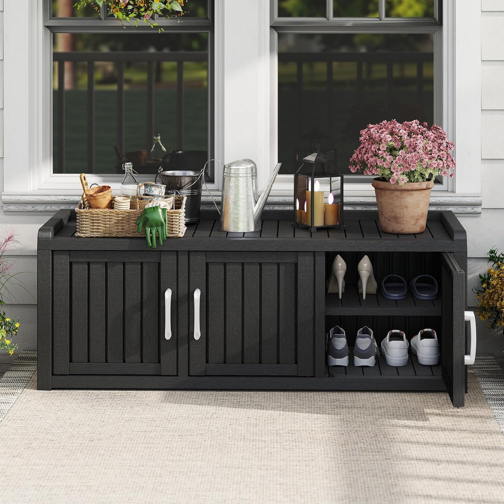 Outdoor Shoe Bench, Waterproof UV-Resistant Indoor Resin Shoe Cabinet, Entryway Shoe Storage with 3 Doors, Living Room, Bedroom, Black (3 Door)
