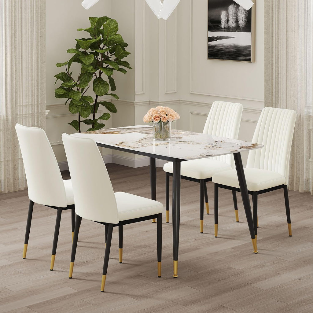 5 Pieces Modern Sintered Stone Dining Table Set 50" Rectangular Faux Marble Tabletop Kitchen Table with 4 PU Leather Chair Dinner Table Set(1Faux Marble Table+4 Cream White Chairs)