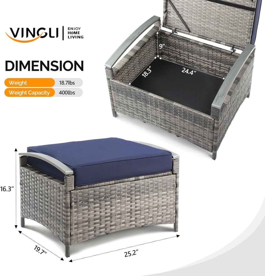 VINGLI 2 Pieces Outdoor Ottoman with Storage, Wicker Ottoman Patio Furniture w/Removable Cushion, Multipurpose Footrest Stool for Outdoor (Grey)