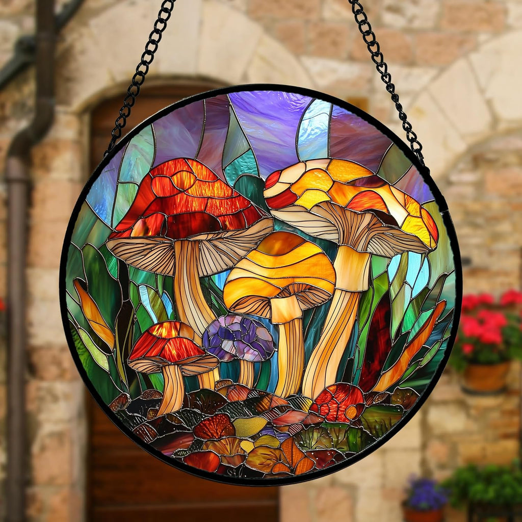 Stained Glass Window Hanging, Jungle Mushrooms Sun Catchers Diamond Glass Panel Hangings Plant Suncatcher Decor for Birthday for Women, Men, Wife, Aunt, and Mom 11.8x11.8 in