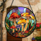 Stained Glass Window Hanging, Jungle Mushrooms Sun Catchers Diamond Glass Panel Hangings Plant Suncatcher Decor for Birthday for Women, Men, Wife, Aunt, and Mom 11.8x11.8 in