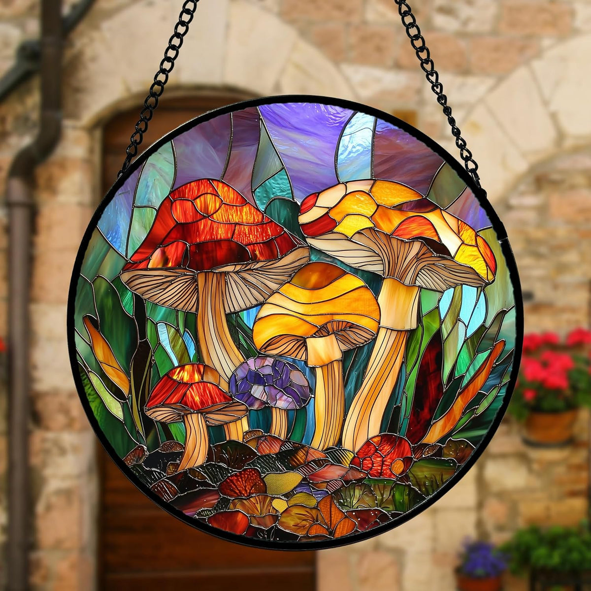Stained Glass Window Hanging, Jungle Mushrooms Sun Catchers Diamond Glass Panel Hangings Plant Suncatcher Decor for Birthday for Women, Men, Wife, Aunt, and Mom 11.8x11.8 in