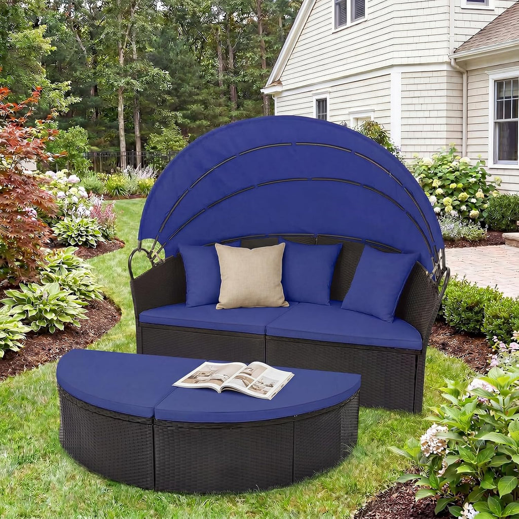 RELAX4LIFE Round Outdoor Daybed with Canopy - Wicker Sectional Sofa Sunbed w/Cushions & 3 Pillows, Rattan Clamshell Conversation Lounger Separated Seating Set for Garden Porch, Patio Day Bed (Navy)