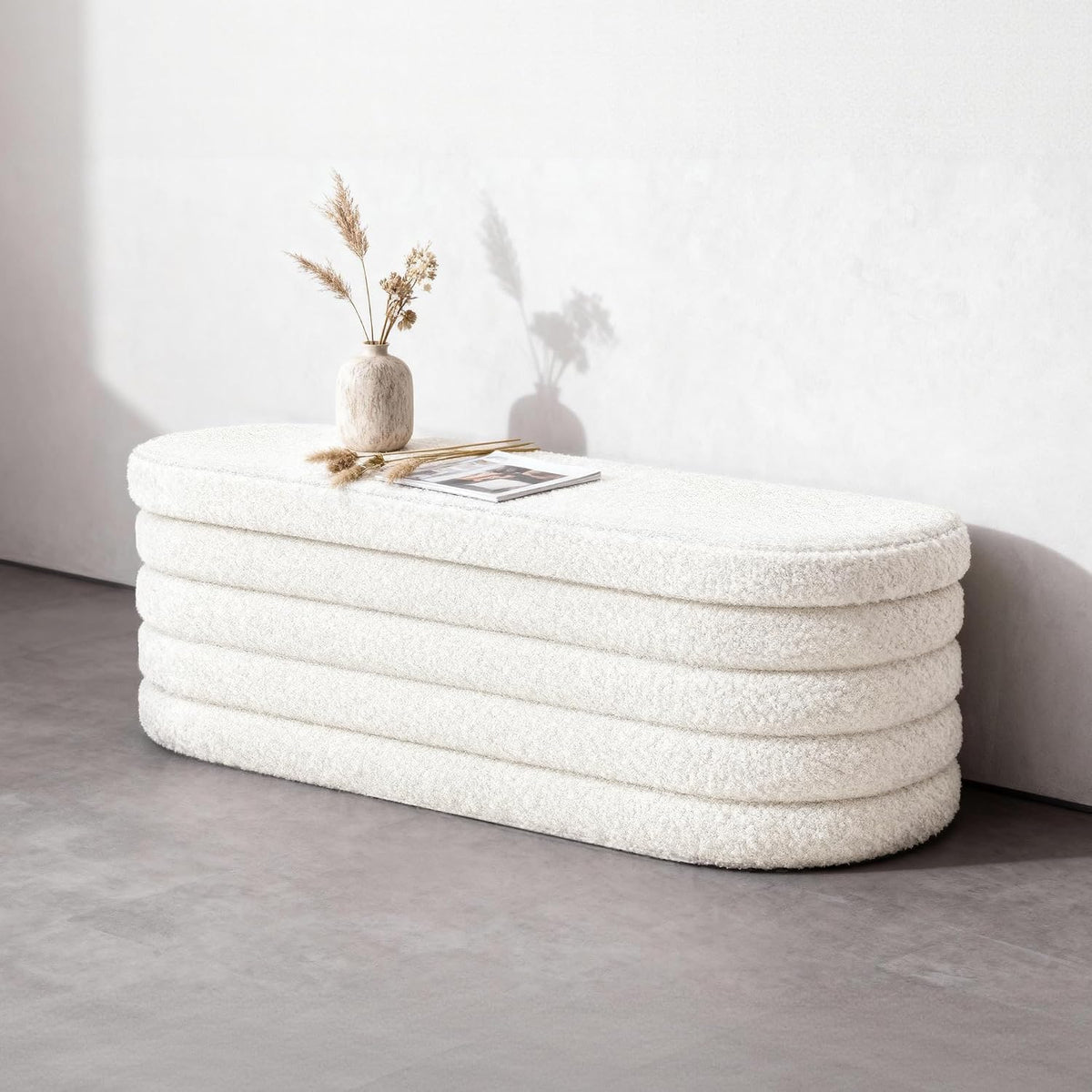 GLAXYFUR Storage Ottoman Bench, 43" Entryway Shoe Seat, Sherpa White | Upholstered Oval Ottoman with Storage, End of Bed Stool Blanket Chest, For Living Room, Hallway