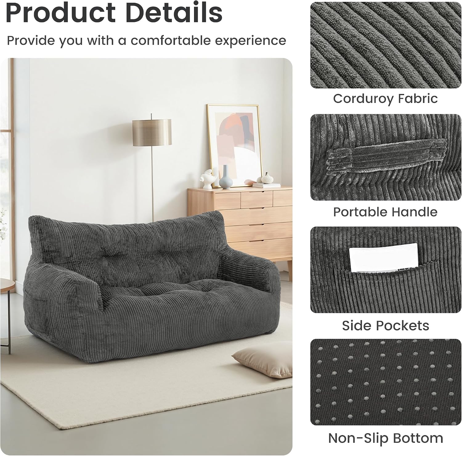 59" Corduroy Bean Bag Chair,2 Seat Loveseat Sofa,Corduroy Lazy Sofa Bed for Adults,Fit Living Room, Bedroom,Outdoor Spaces,Ultra Soft Dutch Velvet,Fluffy Comfort Cover,72h Rebound,Dark Grey