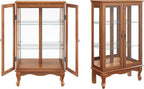 3-Tier Lighted Glass Display Curio Cabinet with 2 Tempered Glass Doors,Curio Case with Mirrored Back Panel & Adjustable Shelves,Wine Artwork Display Cabinet for Living Room,Kitchen(Oak_2)
