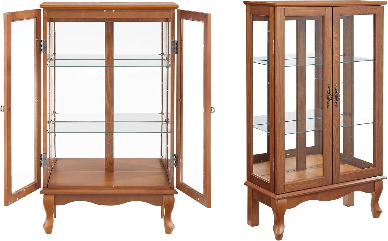 3-Tier Lighted Glass Display Curio Cabinet with 2 Tempered Glass Doors,Curio Case with Mirrored Back Panel & Adjustable Shelves,Wine Artwork Display Cabinet for Living Room,Kitchen(Oak_2)