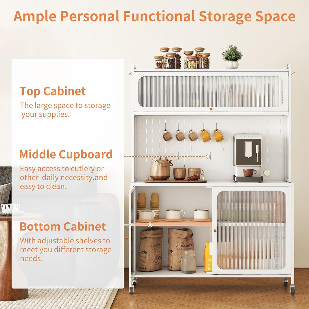 Kitchen Pantry Cabinet Tall Storage Cabinet with Glass Doors & Adjustable Shelves White Modern Cupboard for Kitchen Living Room Dining Room