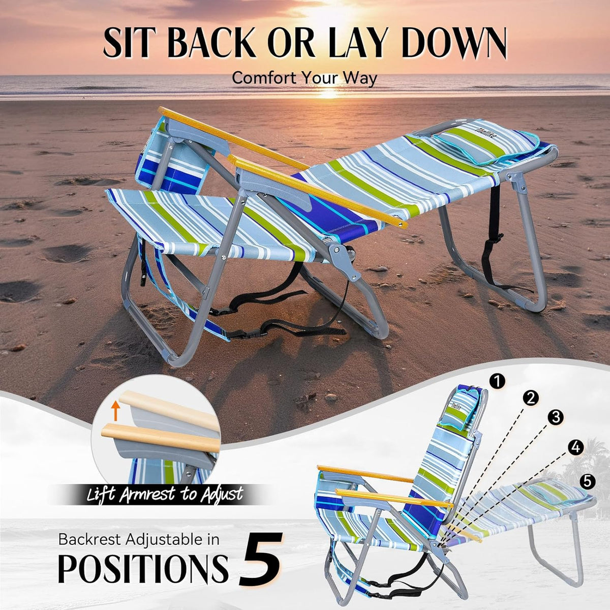 Backpack Beach Chair Wide Seat High Back Folding Camping Chair for Adults 5-Position Recline Supports 400 lbs Portable Chair with Cup Holder Cooler Bag Storage Pouch for Outdoor Lawn Picnic