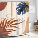 Glawry Abstract Tropical Shower Curtain Watercolor Navy Blue Brown Boho Palm Leaf Simple Minimalist Chic Bathroom Modern Botanical 60Wx72L Inches Bath Accessories Art Home Decor Fabric 12 Pack Hooks