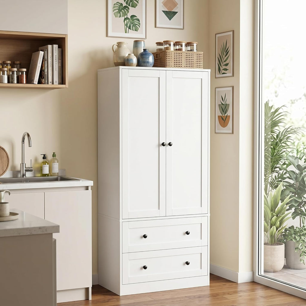 DIYART 64.2" Tall White Kitchen Pantry, Storage Cabinet with Doors and Drawers, Freestanding Wooden Organizer for Kitchen, Dining Room