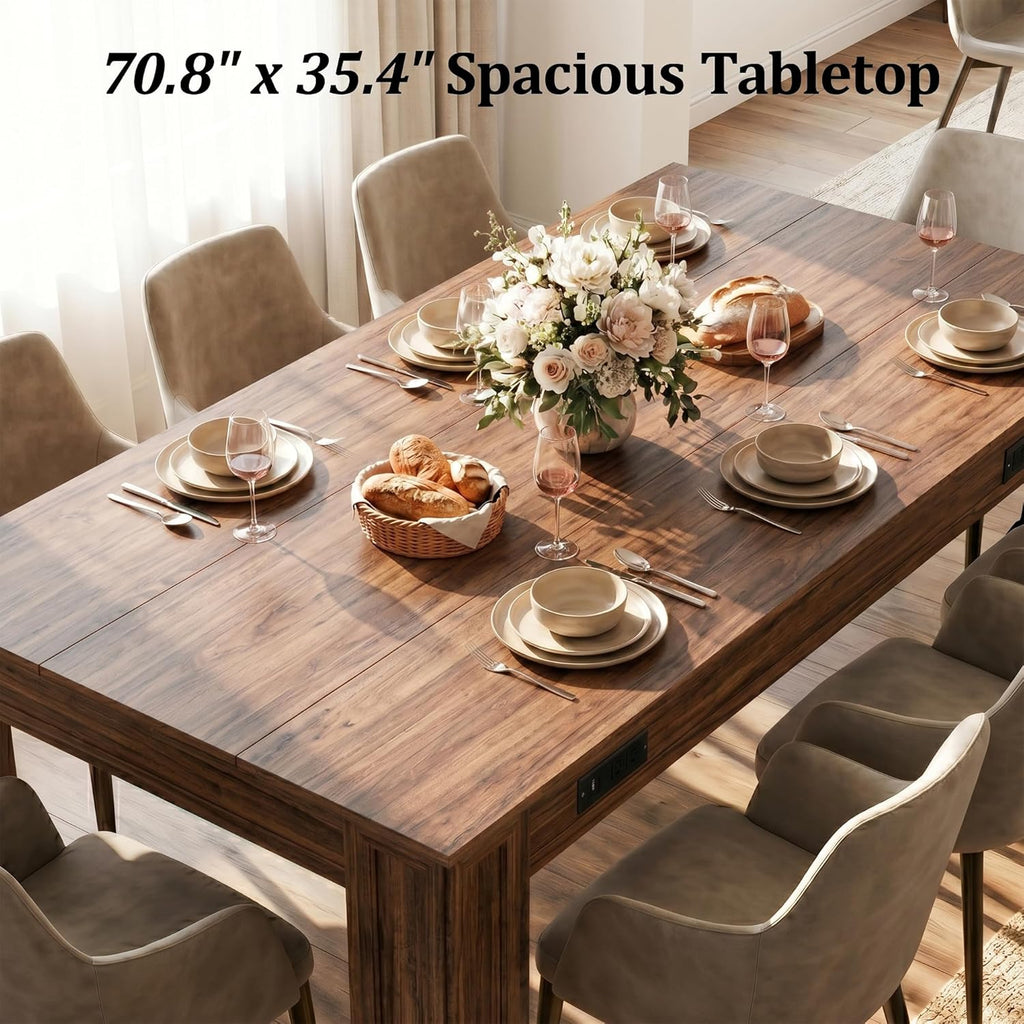Farmhouse Dining Table for 6-8 People, 71-Inch Wooden Kitchen Table with 2 Drawers,Rectangular Dining Table with Charging Station for Dining Room, Kitchen, Home Office,Walnut Wood