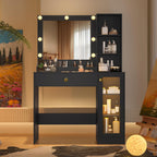 Black Vanity Desk with Mirror and Lights, 34" LED Small Vanity Table with Power Outlet & Large Storage Drawers, 3 Color Adjustable Lights, Dressing Table for Bedroom & Apartment