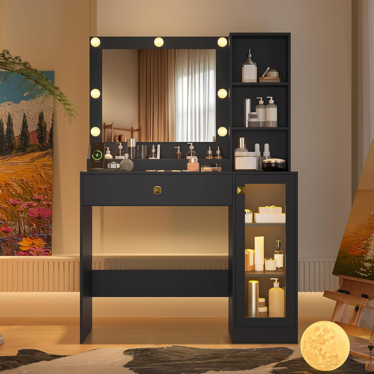 Black Vanity Desk with Mirror and Lights, 34" LED Small Vanity Table with Power Outlet & Large Storage Drawers, 3 Color Adjustable Lights, Dressing Table for Bedroom & Apartment