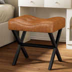 Memobarco 18-Inch Large Leather Vanity Stool, Vanity Chair with Metal X-Leg, Ottoman Accent Stool with Thick Padded Saddle Seat, Brown