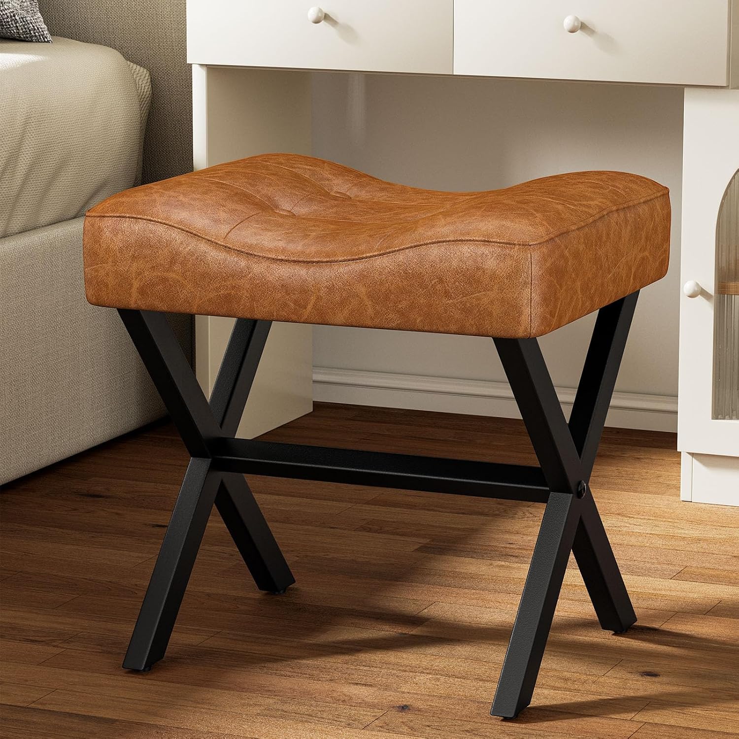 Memobarco 18-Inch Large Leather Vanity Stool, Vanity Chair with Metal X-Leg, Ottoman Accent Stool with Thick Padded Saddle Seat, Brown