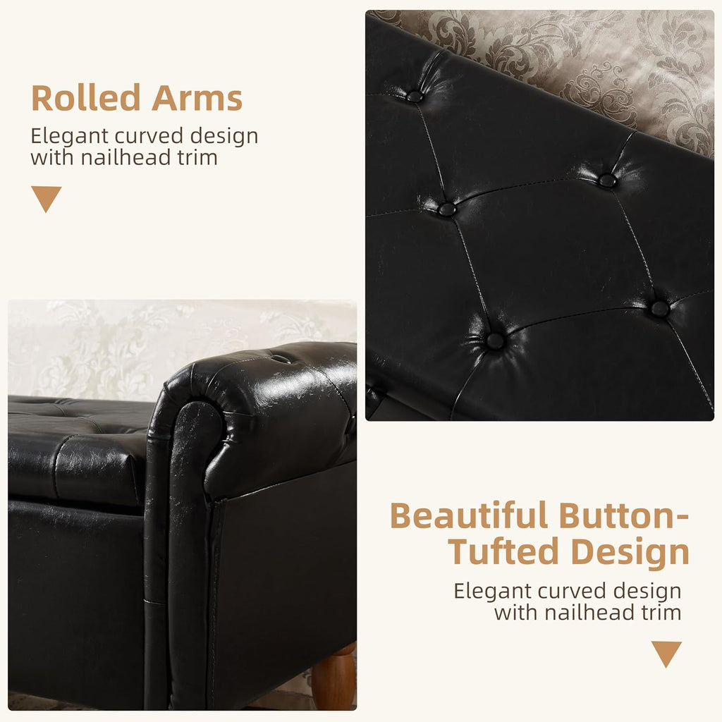 Storage Ottoman Bench, 50" Modern Upholstered End of Bed Bench, Faux Leather Rolled Armed Button-Tufted Ottoman with Storage for Living Room, Entryway, Window, Black