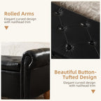 Storage Ottoman Bench, 50" Modern Upholstered End of Bed Bench, Faux Leather Rolled Armed Button-Tufted Ottoman with Storage for Living Room, Entryway, Window, Black