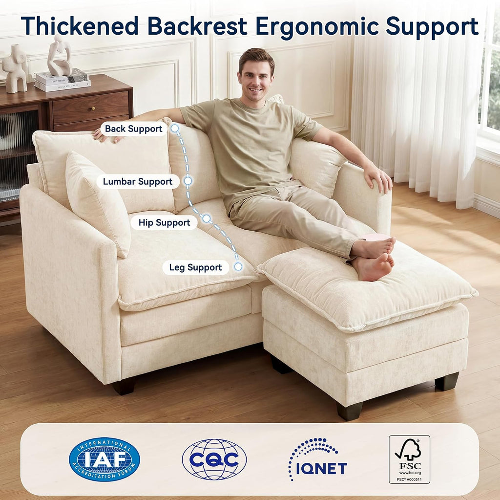 L-Shape Loveseat Sofa Couch with Ottoman, Small 50" Love Seat 27" Deep Cloud Sofa Washable Chenille Pillow for Apartment Bedroom Dorm Attic Studio Office Living Room Small Space 50-Beige-L-1