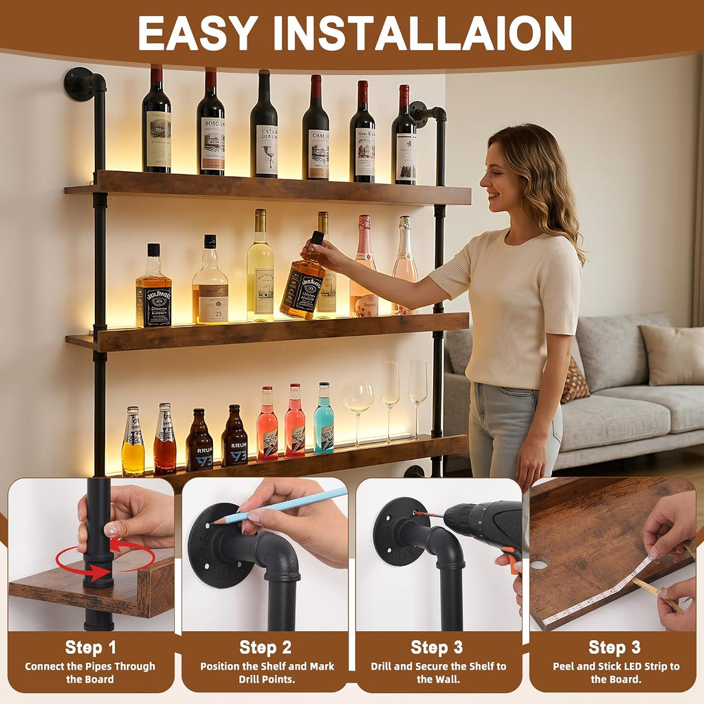 39.4" Metal Wine Rack Wall Mounted with LED Strips and Glass Holder | 3-Tier Industrial Metal Bar Shelf Wall Mounted Wine Rack for Kitchen, Bar, Dining Room (Black, 100cm/39.4in)