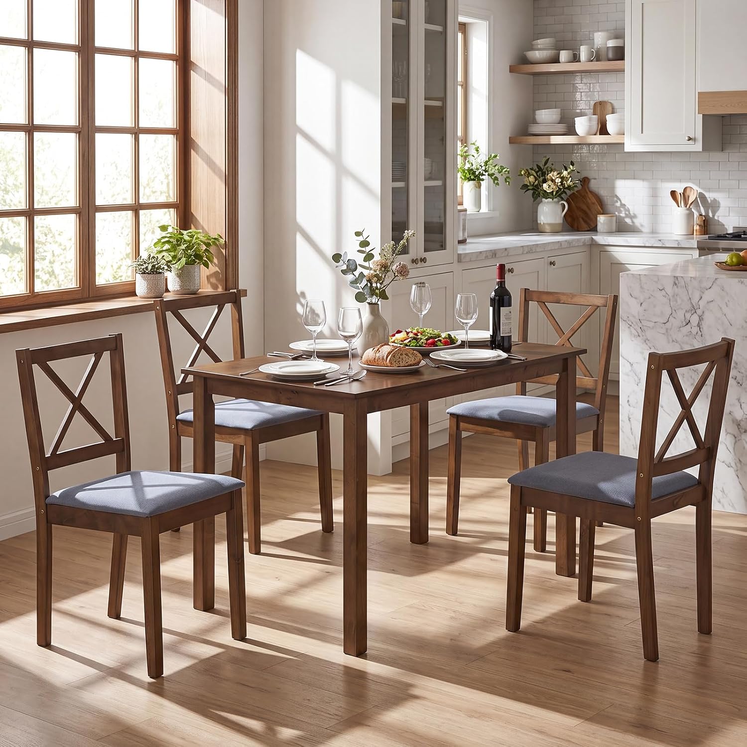 Giantex Dining Table Set for 4, Wood Kitchen Table with Upholstered Chairs | Farmhouse Space-Saving Dinette Set with X-Shaped Backrest for Small Space, Breakfast Nook, Dining Room