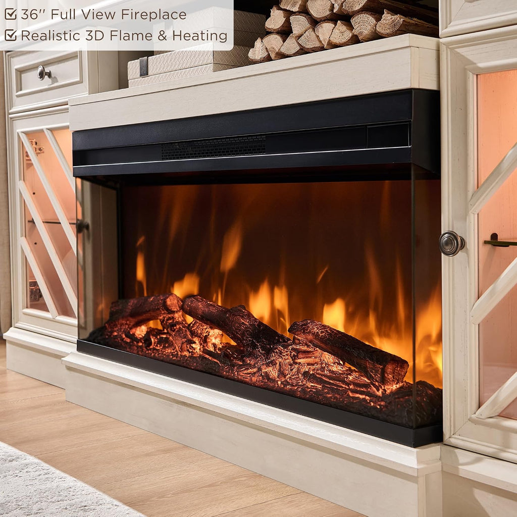 OKD 75 Inch 3-Sided Electric Fireplace TV Stand for TVs up to 85'',Modern Highboy Entertainment Center with 36" Fireplace & LED Lights,Widen Drawers and Glass Door Storage Cabinet, Antique White