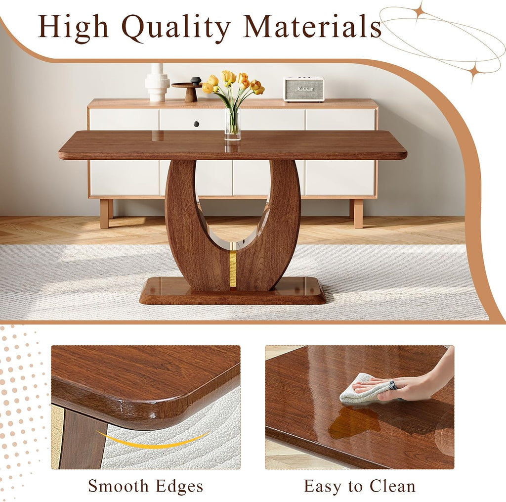 63" Wooden Dining Table for 4-6 People, Modern Farmhouse Kitchen Table with U-Shaped Legs, Rectangular Walnut Wood Dinner Table for Dining Room, Living Room, Home Office